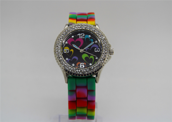 Cassa rotonda dell'arcobaleno del silicone della cinghia dell'orologio del diamante impermeabile della lega